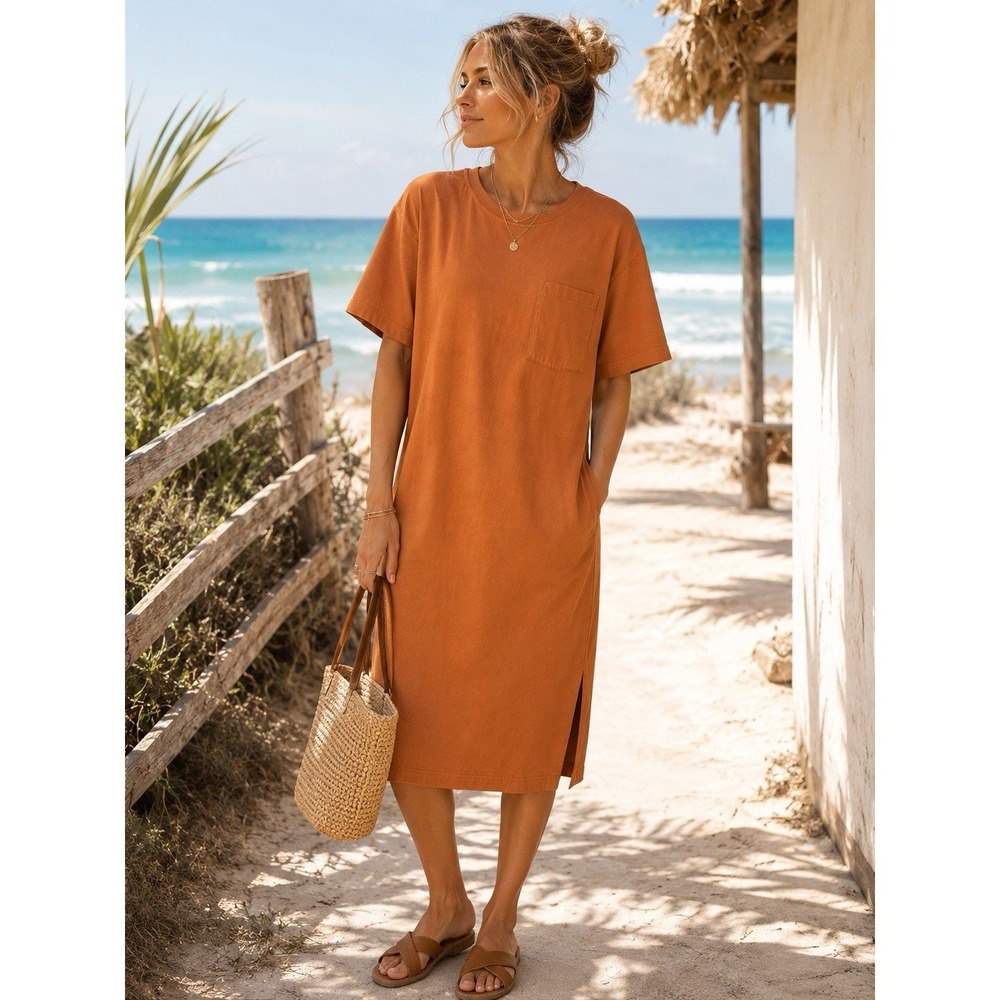 Free People FP Beach Maxi Tee-Shirt Dress Womens L Orange Oversized Coastal Boho